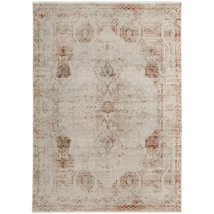 2' X 3' Tan Ivory And Orange Floral Power Loom Distressed Area Rug With Fringe