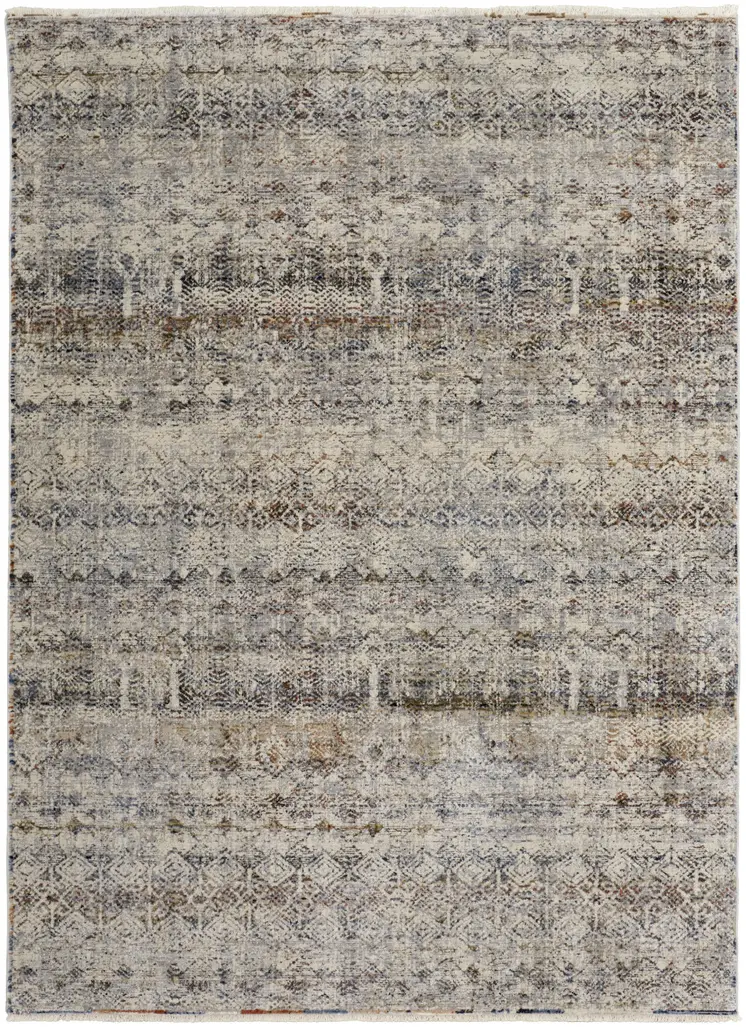 5' X 8' Tan and Ivory Geometric Power Loom Distressed Non Skid Area Rug With Fringe