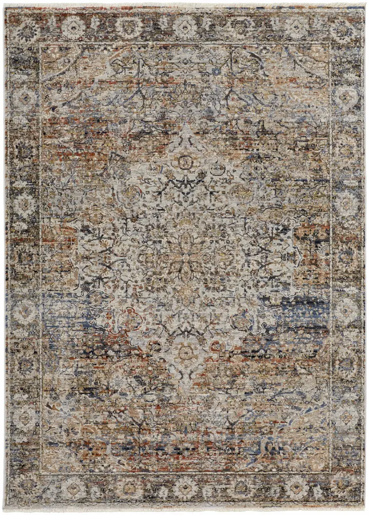 5' X 8' Tan and Blue Floral Power Loom Distressed Non Skid Area Rug With Fringe
