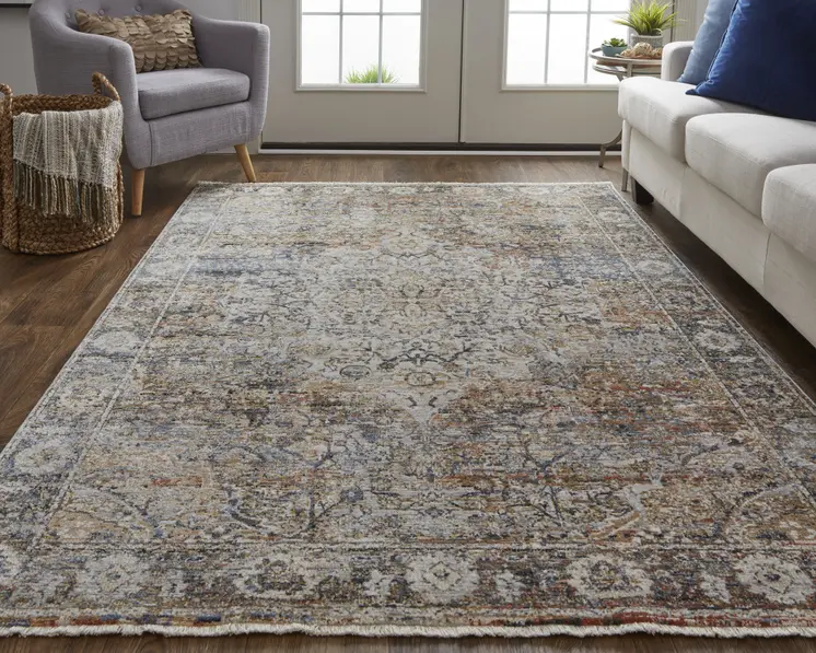 5' X 8' Tan and Blue Floral Power Loom Distressed Non Skid Area Rug With Fringe
