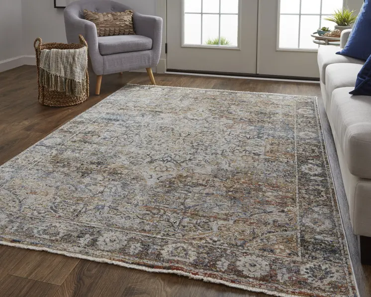 5' X 8' Tan and Blue Floral Power Loom Distressed Non Skid Area Rug With Fringe