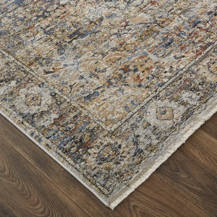 5' X 8' Tan and Blue Floral Power Loom Distressed Non Skid Area Rug With Fringe