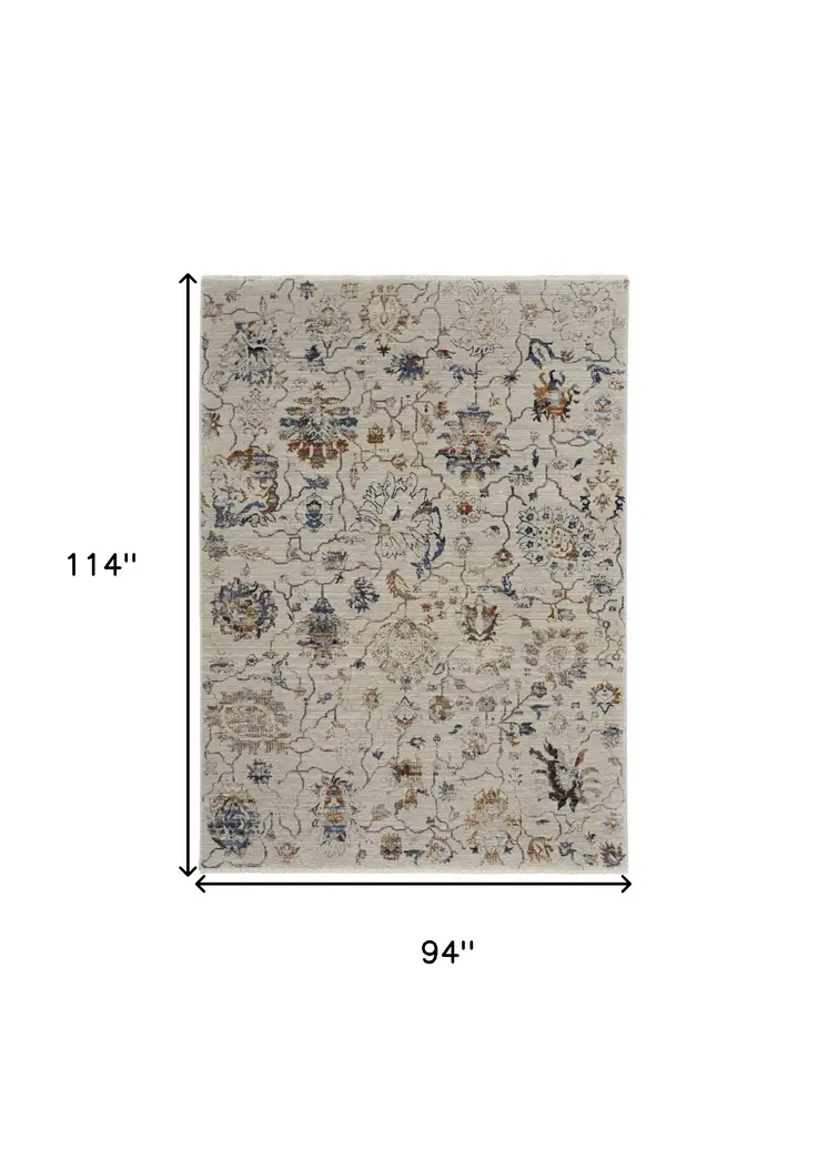8' X 10' Ivory and Blue Floral Power Loom Distressed Non Skid Area Rug With Fringe