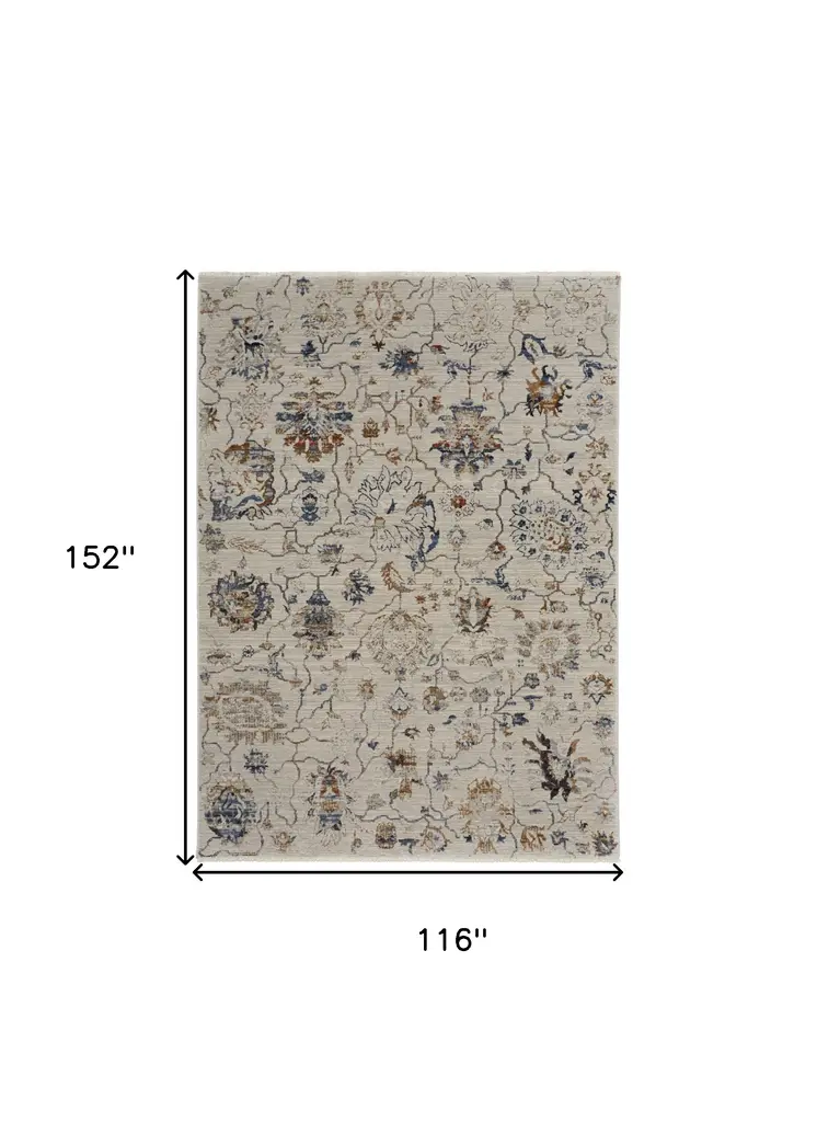 10' X 13' Ivory Orange And Blue Floral Power Loom Distressed Area Rug With Fringe