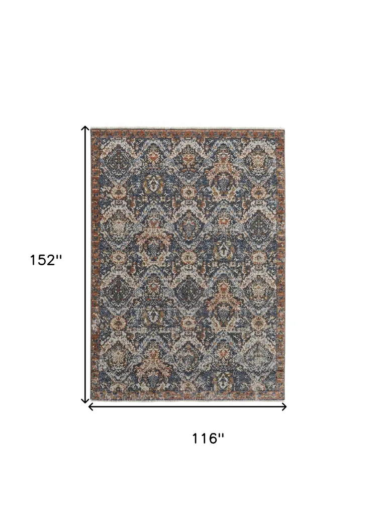 10' X 13' Blue Orange And Ivory Floral Power Loom Area Rug With Fringe