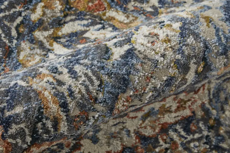 2' X 3' Blue Orange And Ivory Floral Power Loom Area Rug With Fringe