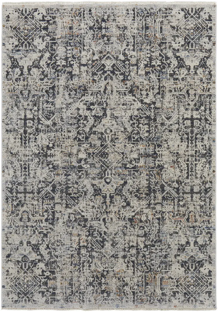5' X 8' Gray and Ivory Abstract Power Loom Distressed Non Skid Area Rug With Fringe