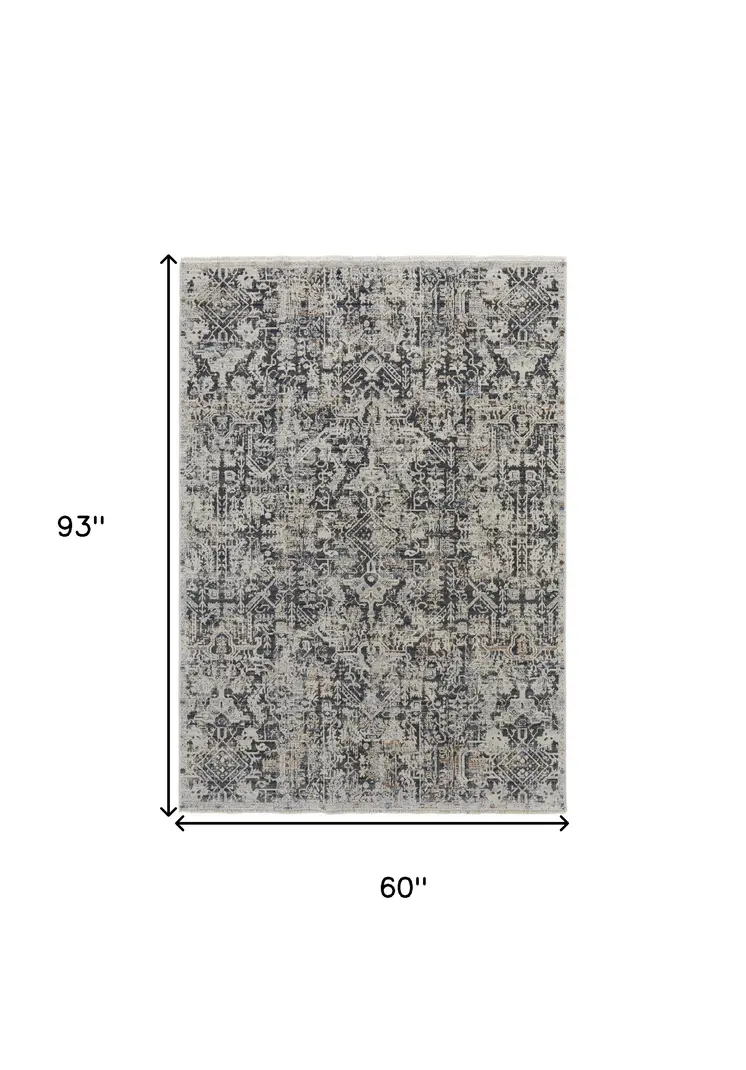 5' X 8' Gray and Ivory Abstract Power Loom Distressed Non Skid Area Rug With Fringe