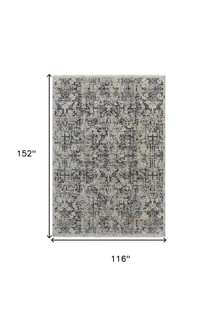 10' X 13' Ivory Gray And Taupe Abstract Power Loom Distressed Area Rug With Fringe