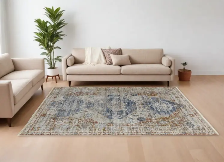 12' X 15' Ivory Orange And Blue Floral Power Loom Distressed Area Rug With Fringe