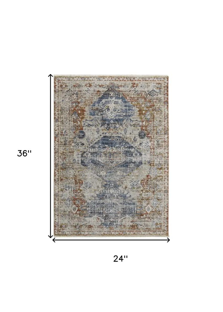 2' X 3' Ivory Orange And Blue Floral Power Loom Distressed Area Rug With Fringe