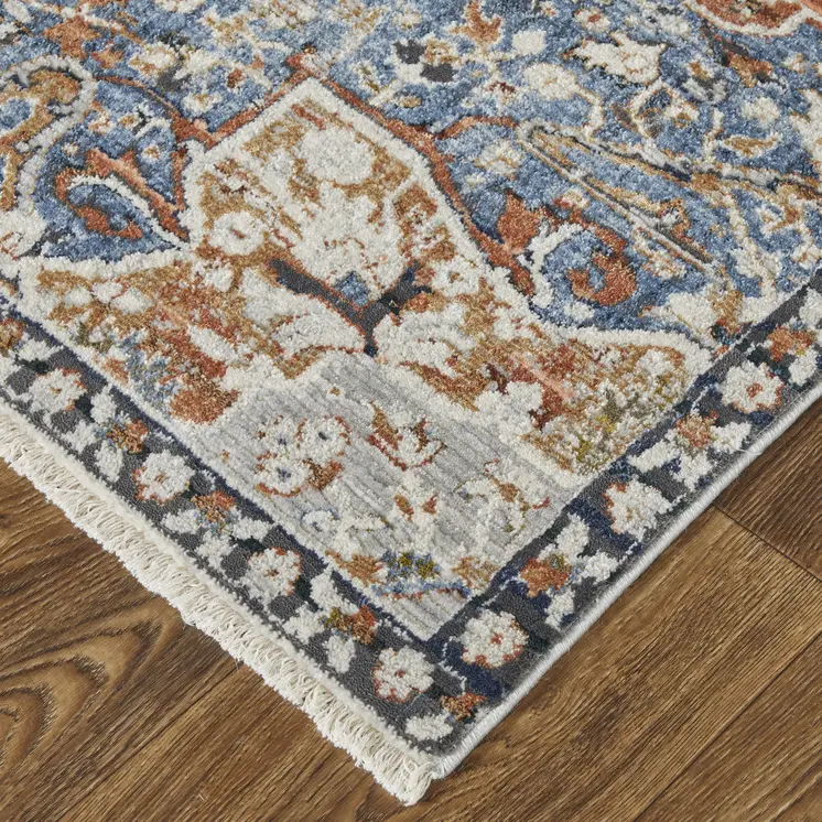 10' X 13' Orange Ivory And Blue Floral Power Loom Area Rug With Fringe