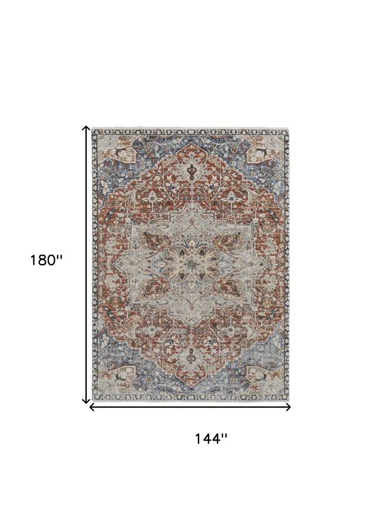 12' X 15' Orange Ivory And Blue Floral Power Loom Area Rug With Fringe
