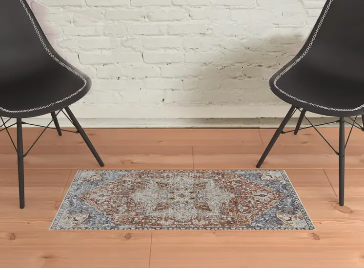 2' X 3' Orange Ivory And Blue Floral Power Loom Area Rug With Fringe