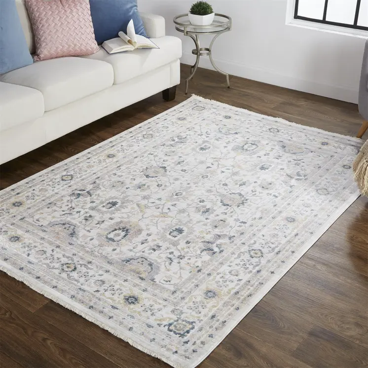 2' X 3' Tan Ivory And Blue Floral Stain Resistant Area Rug