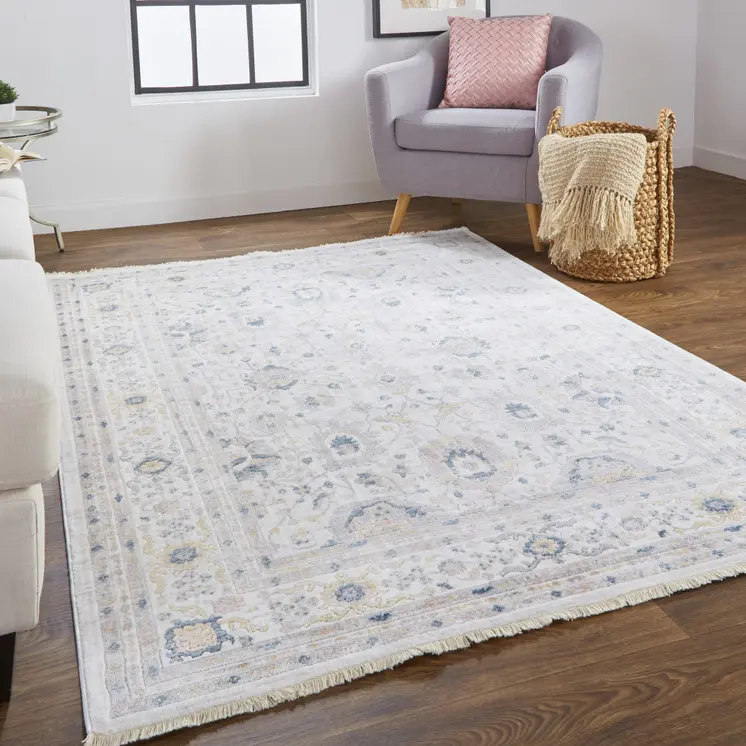 2' X 3' Tan Ivory And Blue Floral Stain Resistant Area Rug