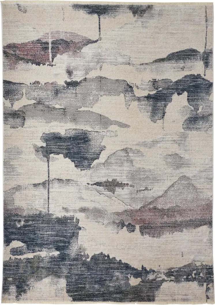 2' X 3' Ivory Blue And Pink Abstract Stain Resistant Area Rug