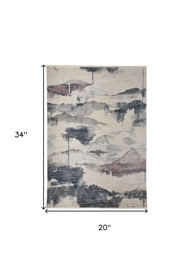 2' X 3' Ivory Blue And Pink Abstract Stain Resistant Area Rug