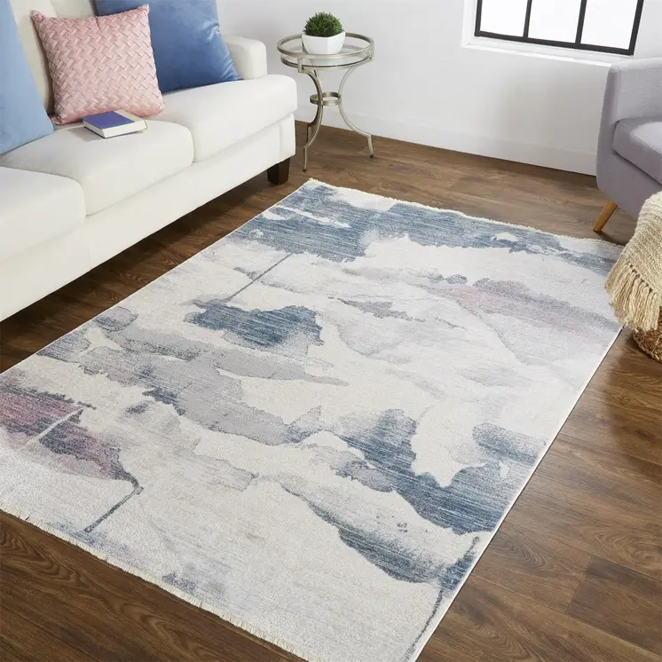 2' X 3' Ivory Blue And Pink Abstract Stain Resistant Area Rug