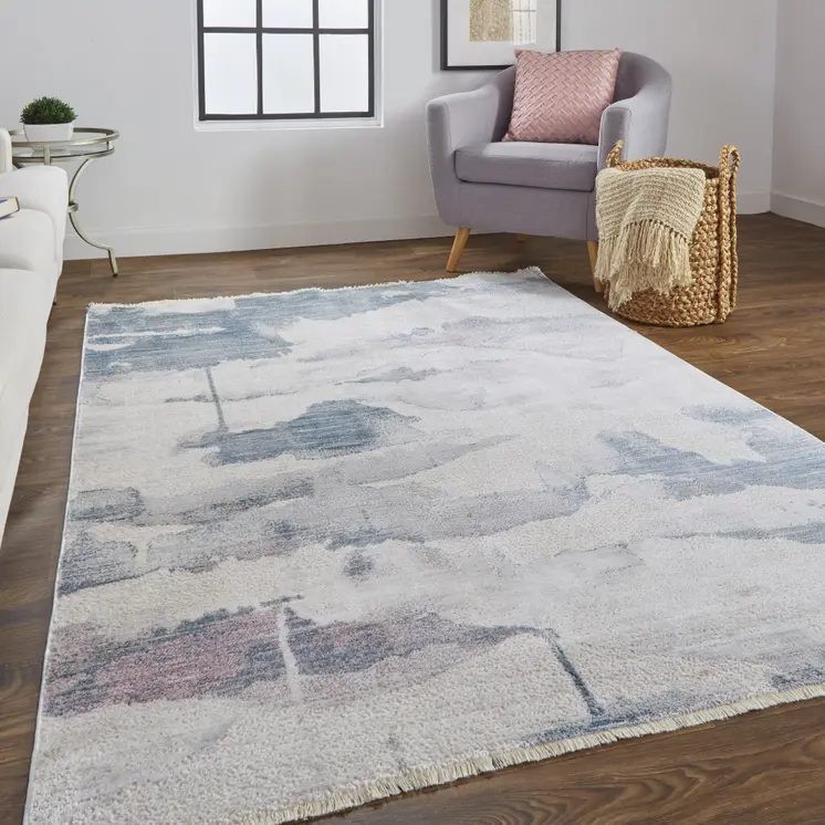 2' X 3' Ivory Blue And Pink Abstract Stain Resistant Area Rug