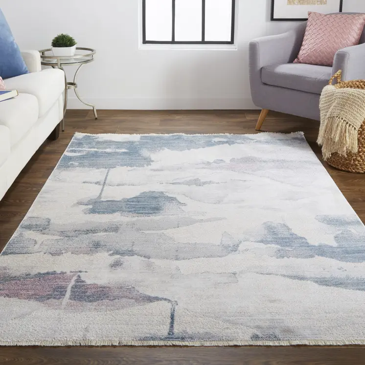 2' X 3' Ivory Blue And Pink Abstract Stain Resistant Area Rug