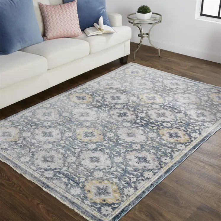2' X 3' Blue And Gold Floral Stain Resistant Area Rug
