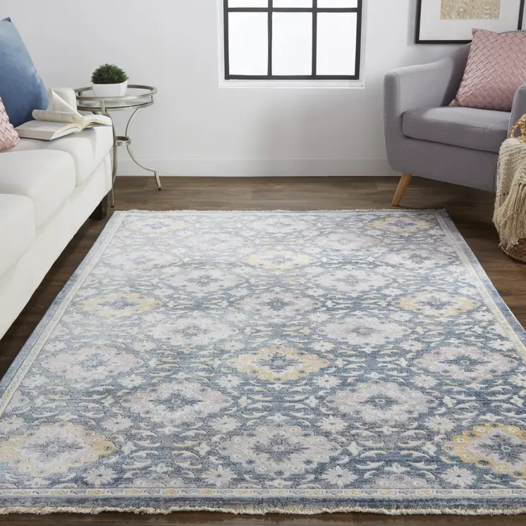 2' X 3' Blue And Gold Floral Stain Resistant Area Rug