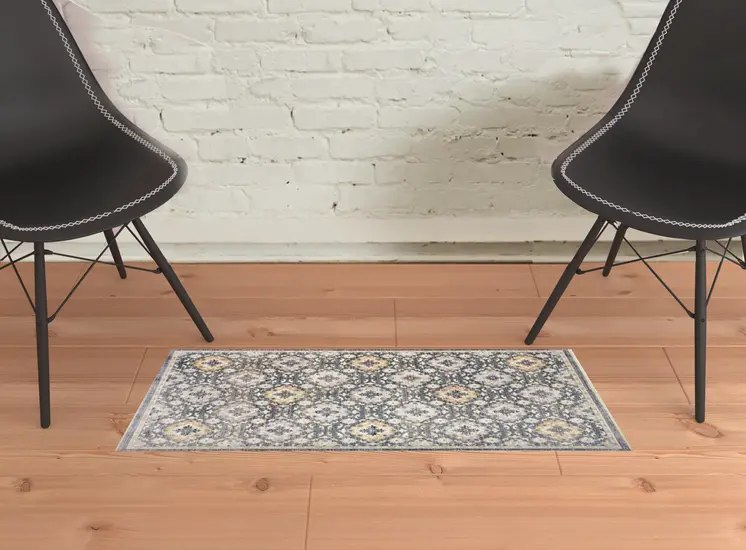 2' X 3' Blue And Gold Floral Stain Resistant Area Rug