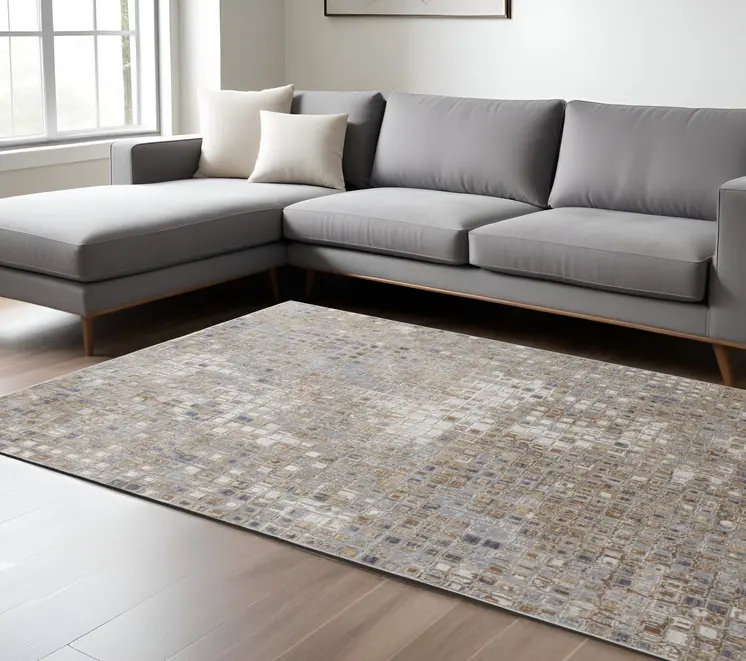 8' X 10' Tan Ivory And Blue Geometric Power Loom Distressed Area Rug