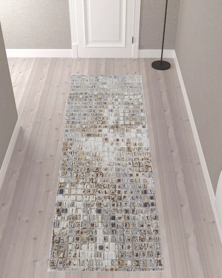 10' Tan Ivory And Blue Geometric Power Loom Distressed Runner Rug