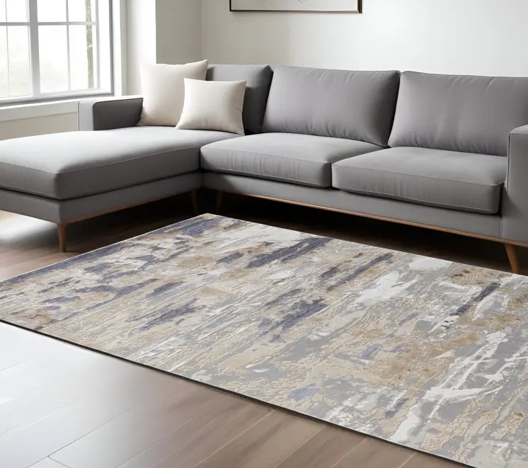 8' X 10' Tan and Ivory Abstract Power Loom Distressed Non Skid Area Rug