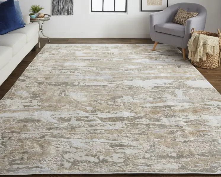 12' X 15' Tan And Ivory Abstract Power Loom Distressed Area Rug