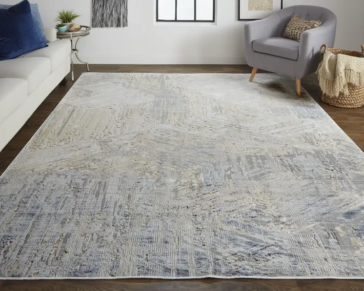 8' X 10' Tan and Ivory Abstract Power Loom Distressed Non Skid Area Rug