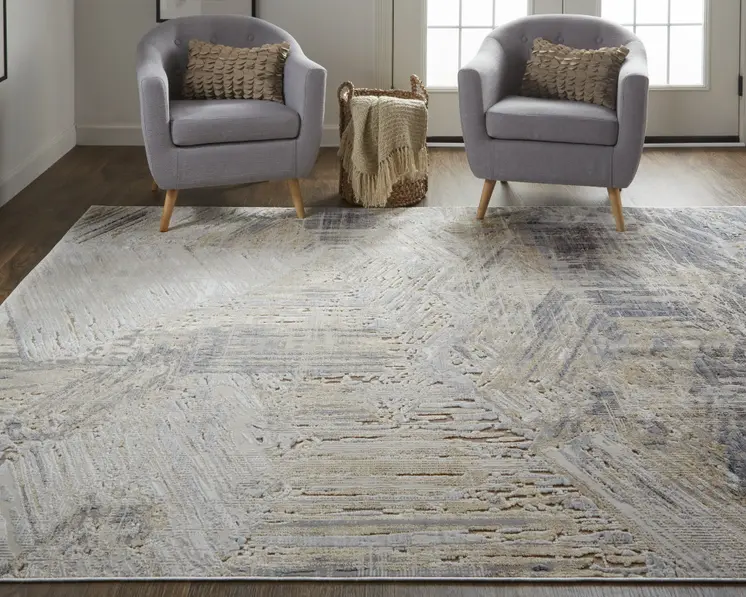8' X 10' Tan and Ivory Abstract Power Loom Distressed Non Skid Area Rug