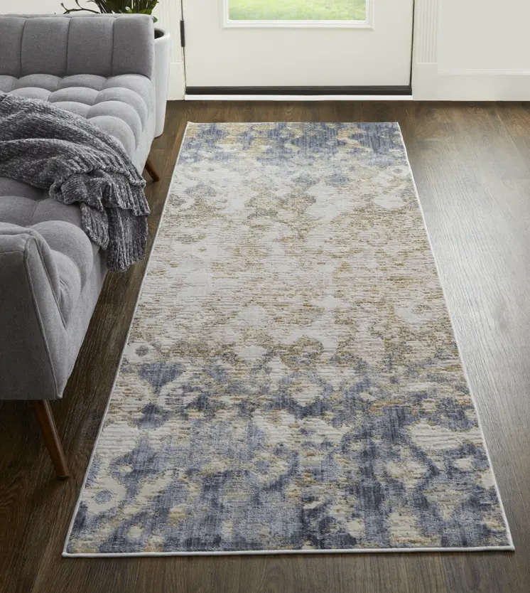 10' Tan and Ivory Abstract Power Loom Distressed Non Skid Runner Rug