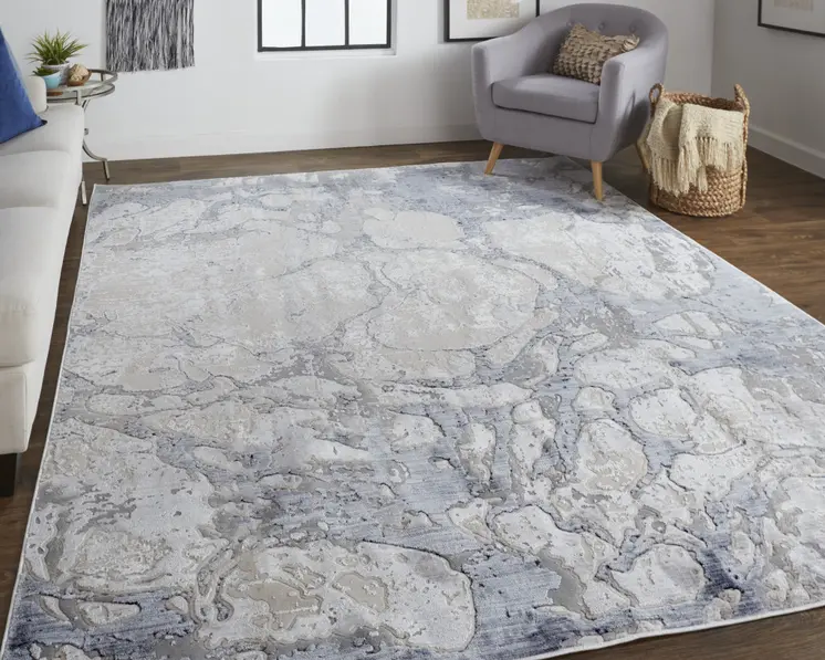 5' X 8' Ivory And Blue Abstract Power Loom Distressed Area Rug