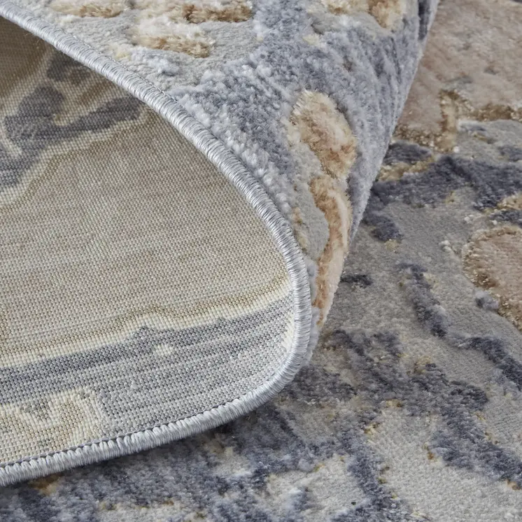 10' Tan and Blue Abstract Power Loom Distressed Non Skid Runner Rug