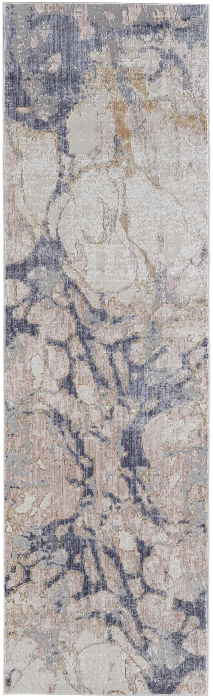 12' Beige and Blue Abstract Power Loom Distressed Runner Rug