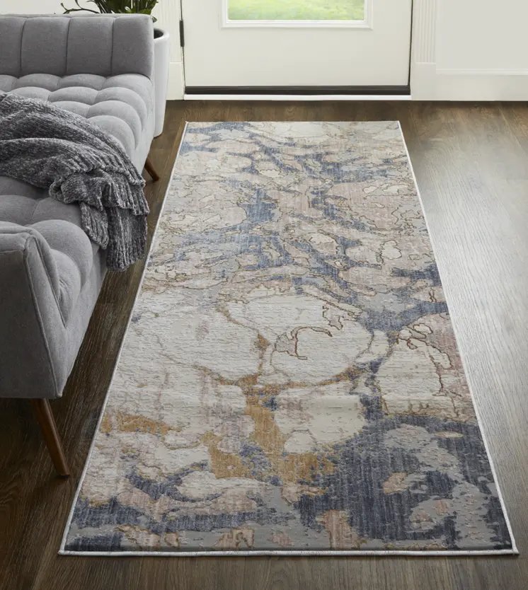 12' Beige and Blue Abstract Power Loom Distressed Runner Rug