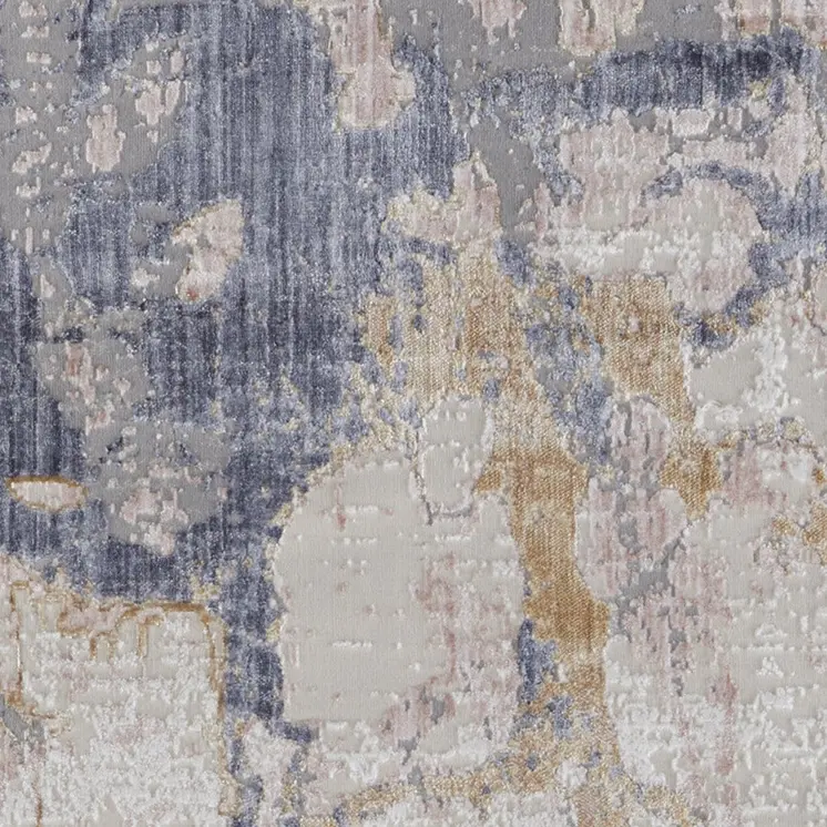 12' Beige and Blue Abstract Power Loom Distressed Runner Rug