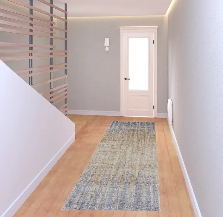 8' Tan Brown And Blue Abstract Power Loom Distressed Runner Rug