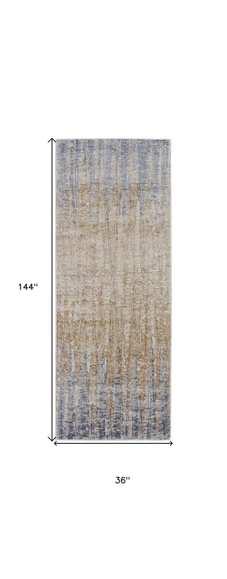 12' Tan Brown And Blue Abstract Power Loom Distressed Runner Rug