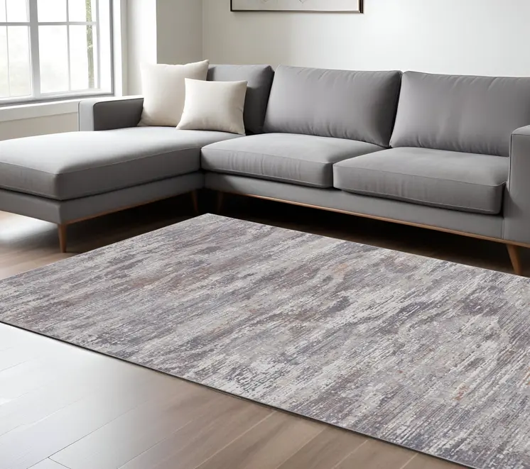 8' X 10' Taupe Tan and Orange Abstract Power Loom Distressed Area Rug