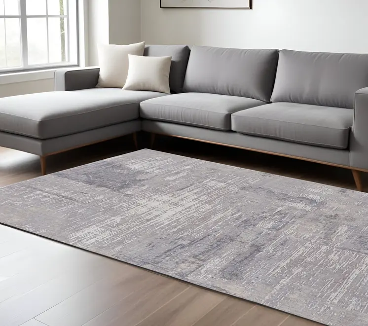 8' X 10' Tan and Blue Abstract Power Loom Distressed Area Rug