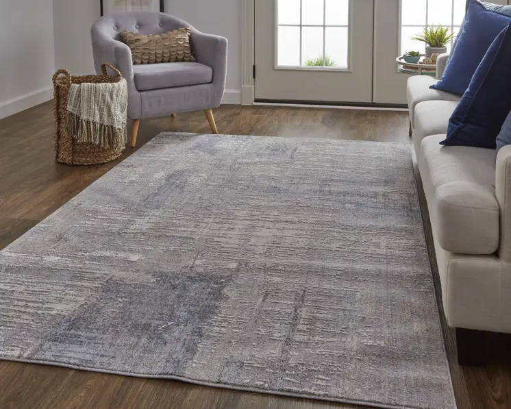 8' X 10' Tan and Blue Abstract Power Loom Distressed Area Rug
