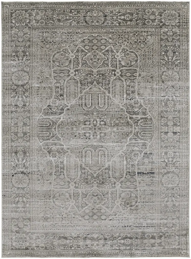 8' X 10' Gray and Ivory Floral Power Loom Distressed Non Skid Area Rug