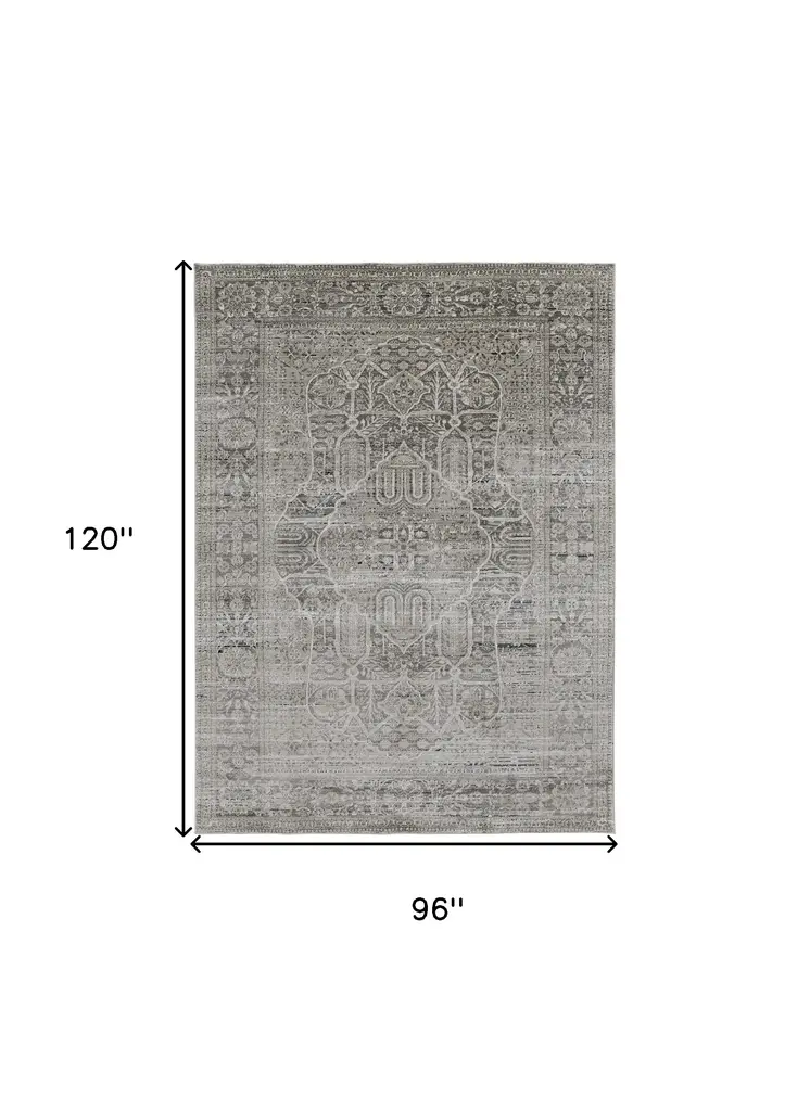 8' X 10' Gray and Ivory Floral Power Loom Distressed Non Skid Area Rug
