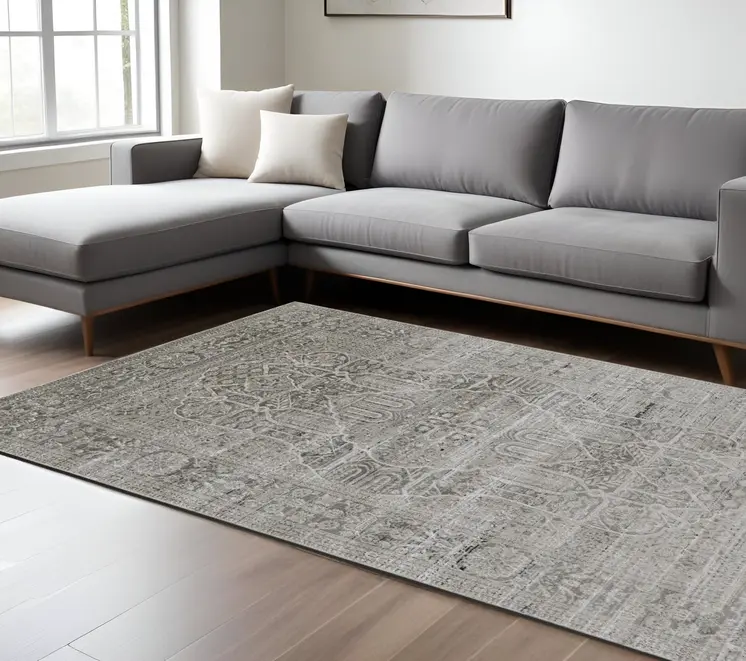 8' X 10' Gray and Ivory Floral Power Loom Distressed Non Skid Area Rug