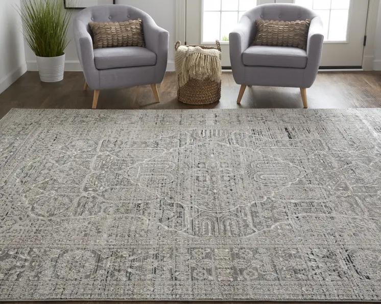 8' X 10' Gray and Ivory Floral Power Loom Distressed Non Skid Area Rug