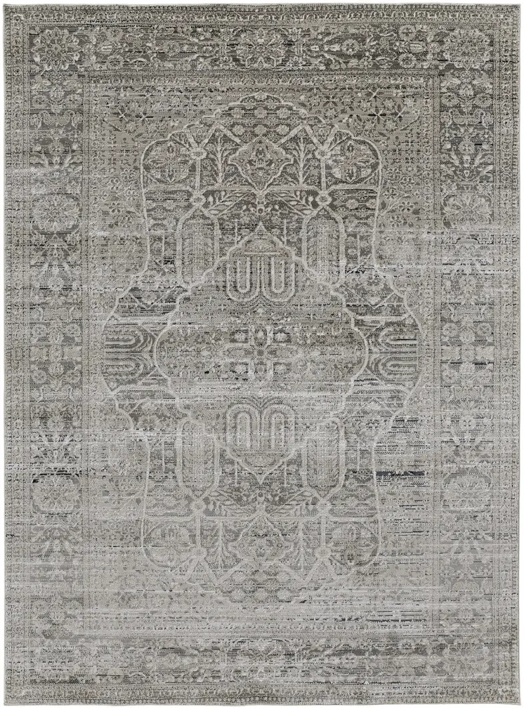 8' X 11' Gray Silver And Taupe Floral Power Loom Distressed Area Rug